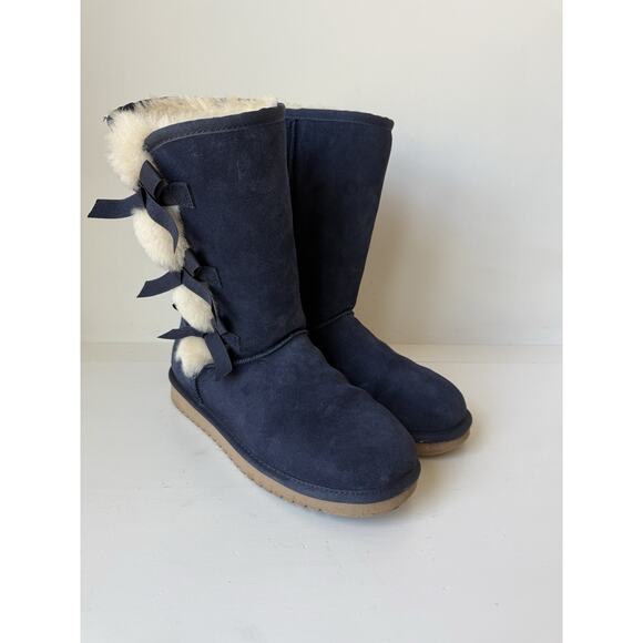 Koolaburra By UGG Navy Blue Suede Shearling Sherpa Lined Calf Boots Bow Accent 9 - Picture 1 of 7